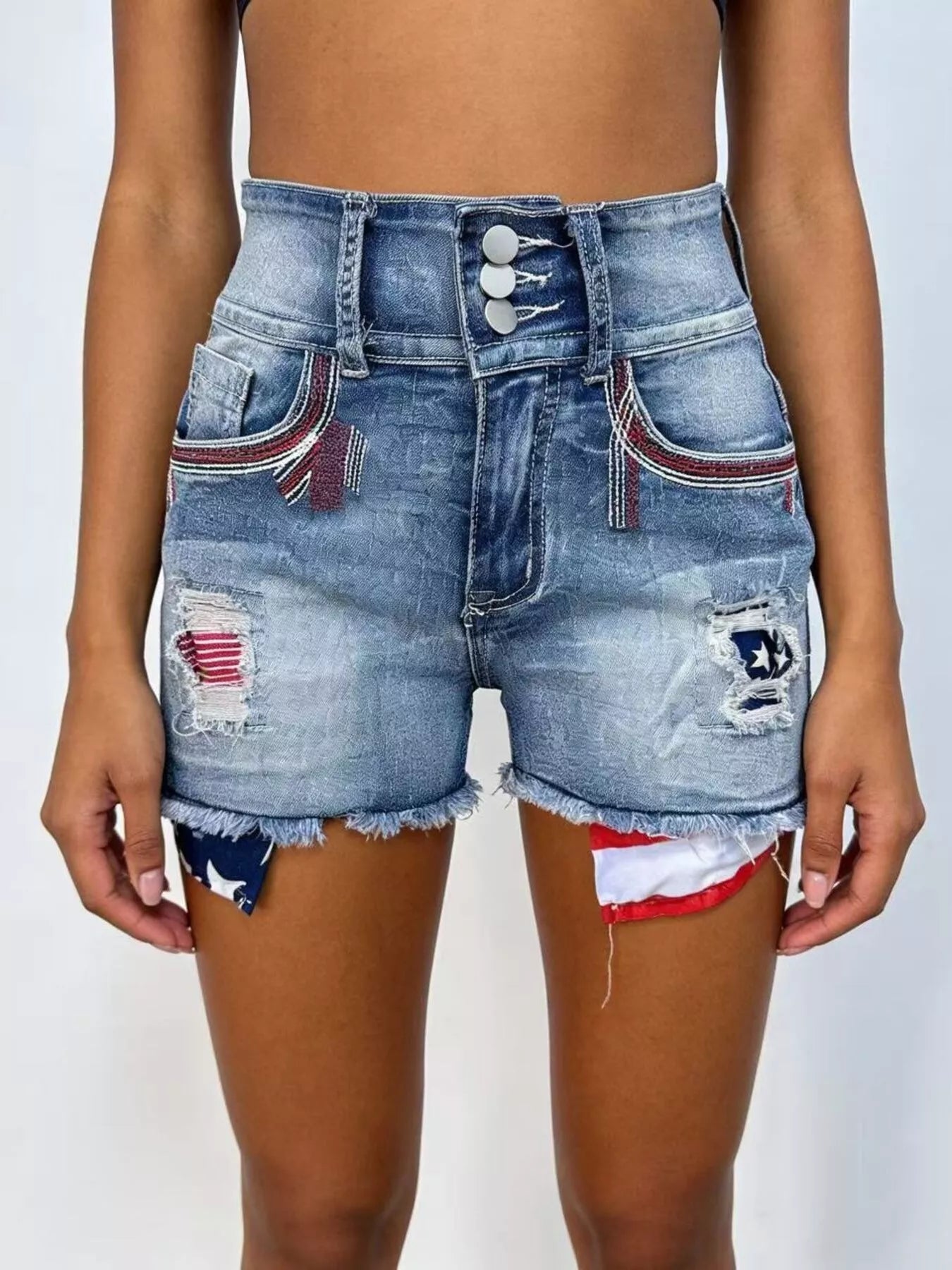 American Flag Distressed Denim Shorts - Lara Moda