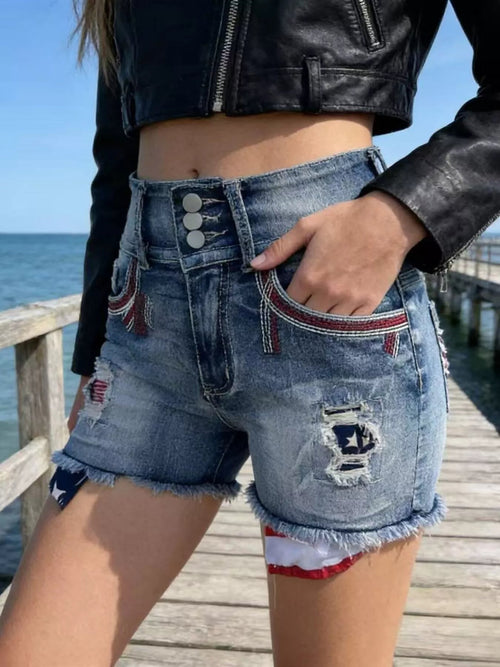 American Flag Distressed Denim Shorts - Lara Moda