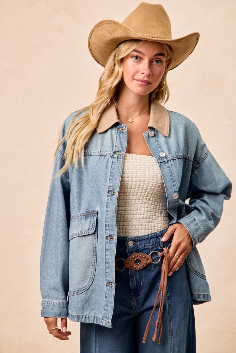BiBi Washed Denim Jacket with Contrast Collar Detail - Lara Moda