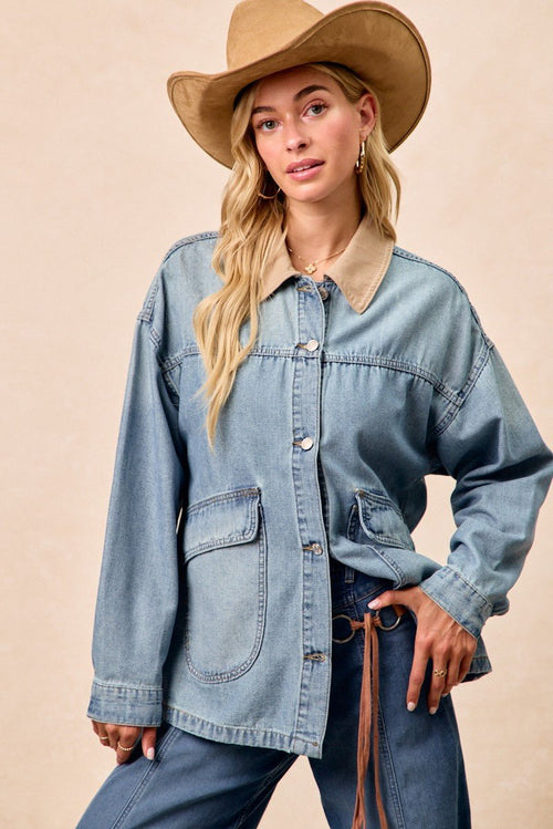 BiBi Washed Denim Jacket with Contrast Collar Detail - Lara Moda