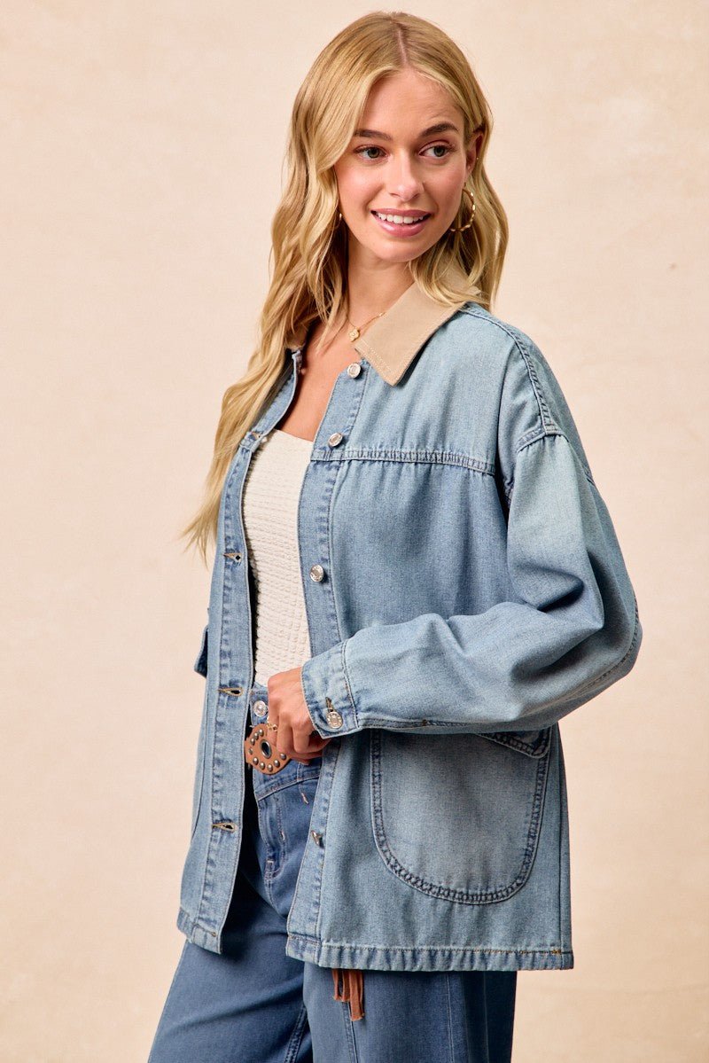 BiBi Washed Denim Jacket with Contrast Collar Detail - Lara Moda