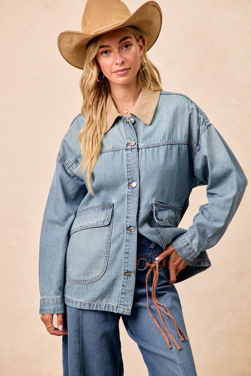 BiBi Washed Denim Jacket with Contrast Collar Detail - Lara Moda