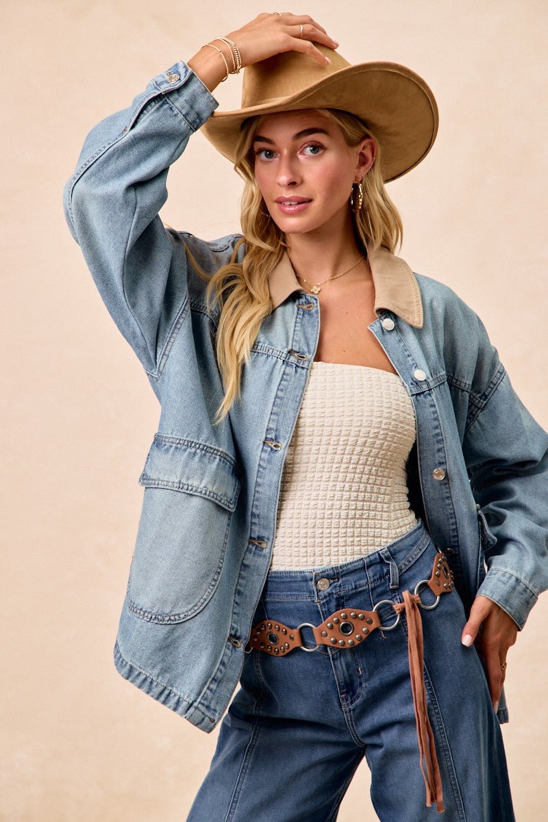 BiBi Washed Denim Jacket with Contrast Collar Detail - Lara Moda