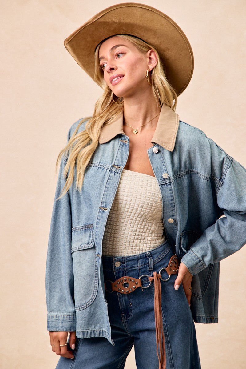 BiBi Washed Denim Jacket with Contrast Collar Detail - Lara Moda