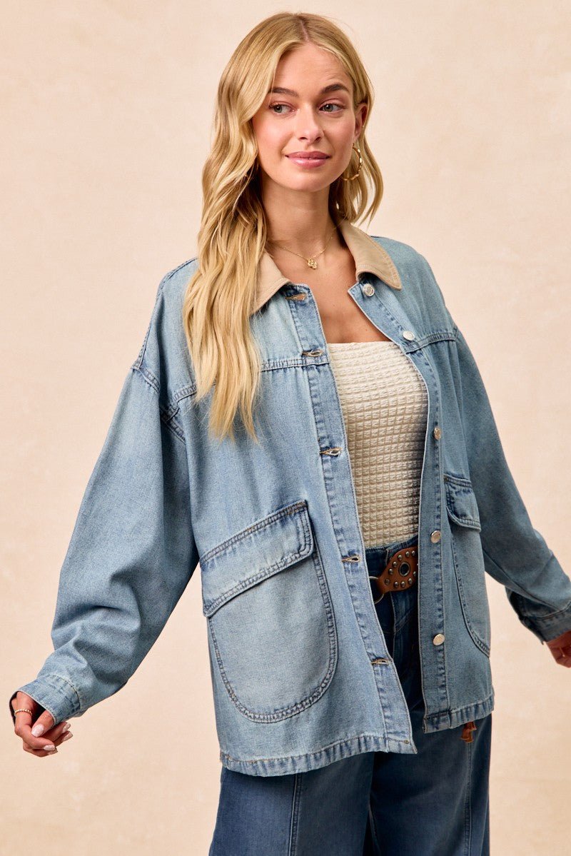 BiBi Washed Denim Jacket with Contrast Collar Detail - Lara Moda