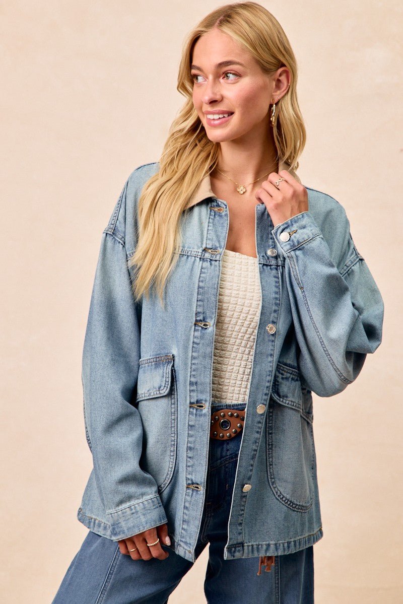 BiBi Washed Denim Jacket with Contrast Collar Detail - Lara Moda