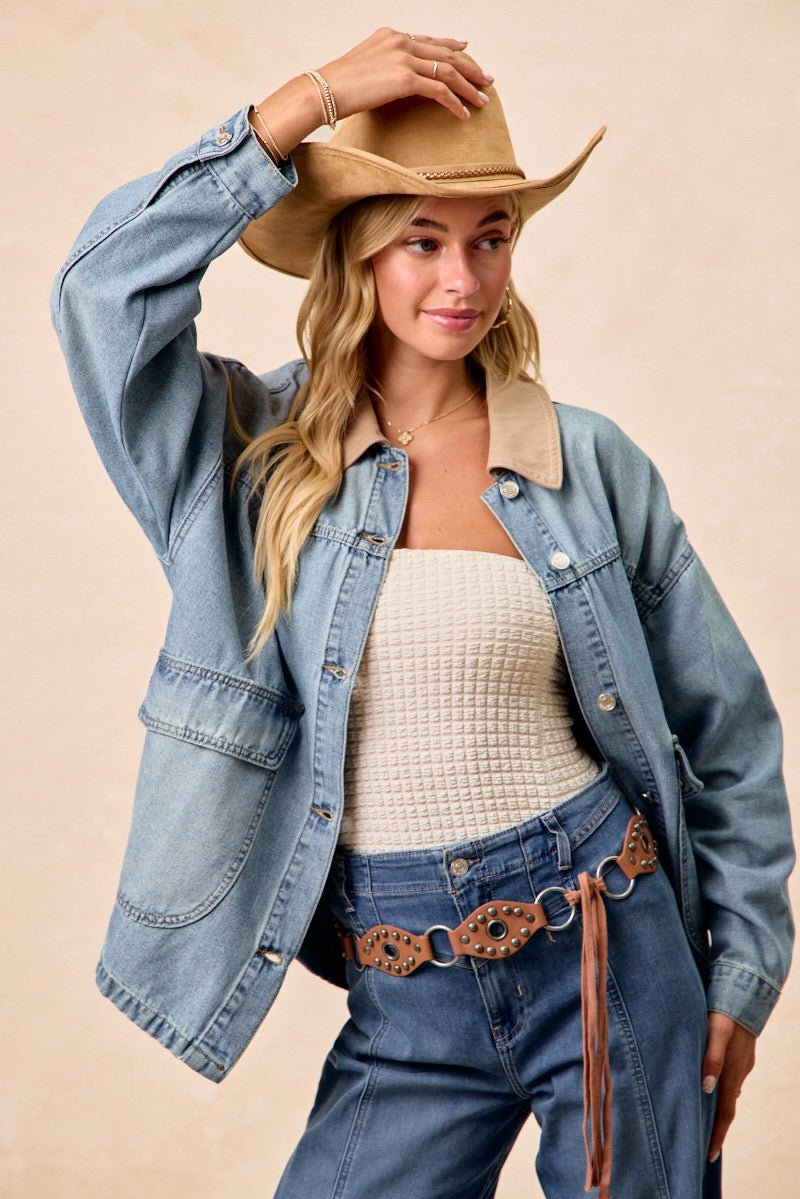 BiBi Washed Denim Jacket with Contrast Collar Detail - Lara Moda