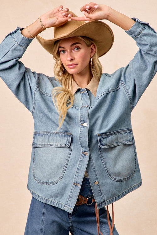BiBi Washed Denim Jacket with Contrast Collar Detail - Lara Moda