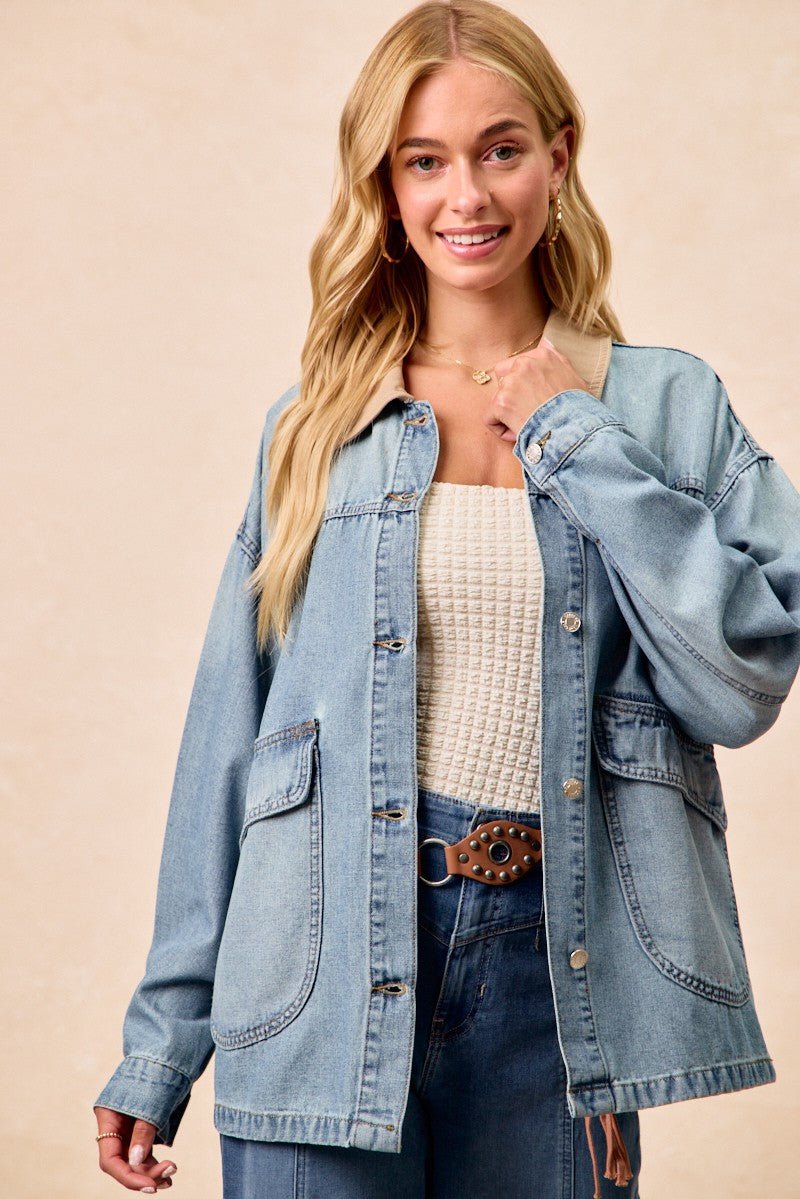 BiBi Washed Denim Jacket with Contrast Collar Detail - Lara Moda