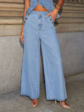 Button Decor High Rise Wide Leg Jeans - Lara Moda