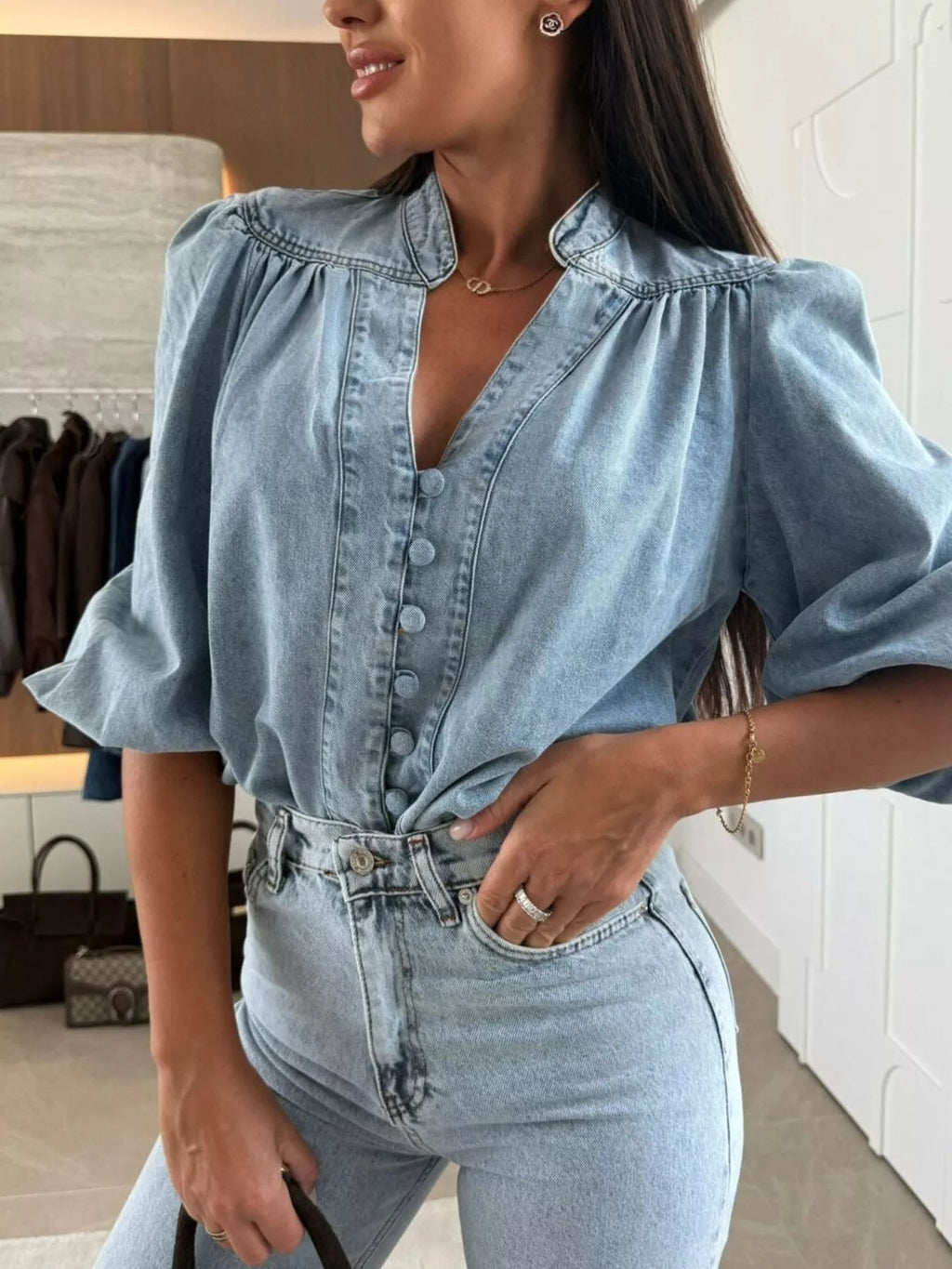 Button-Down Puff Sleeve Denim Top - Lara Moda