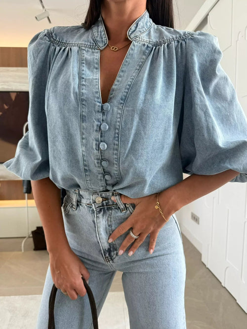 Button-Down Puff Sleeve Denim Top - Lara Moda