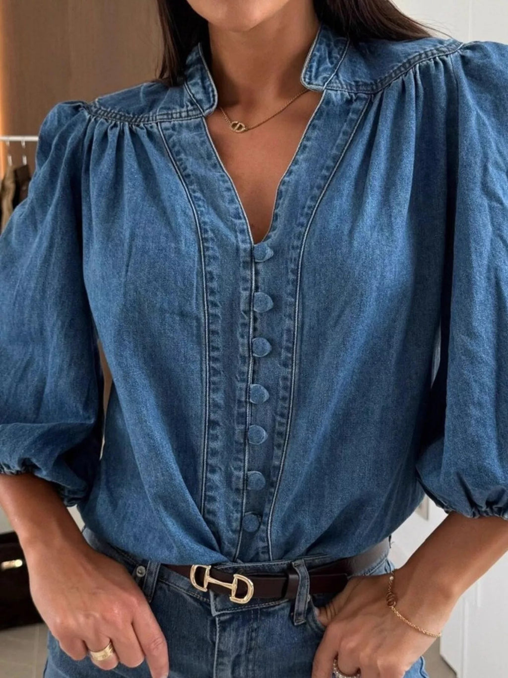 Button-Down Puff Sleeve Denim Top - Lara Moda