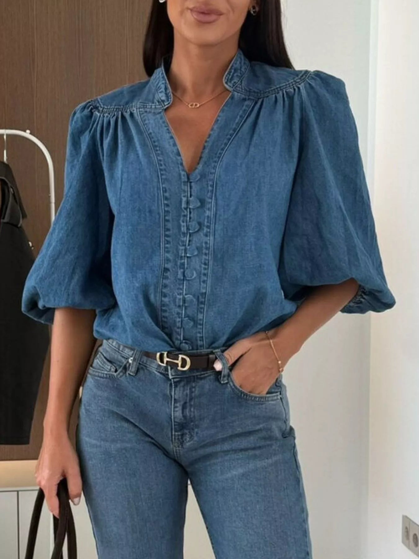 Button-Down Puff Sleeve Denim Top - Lara Moda