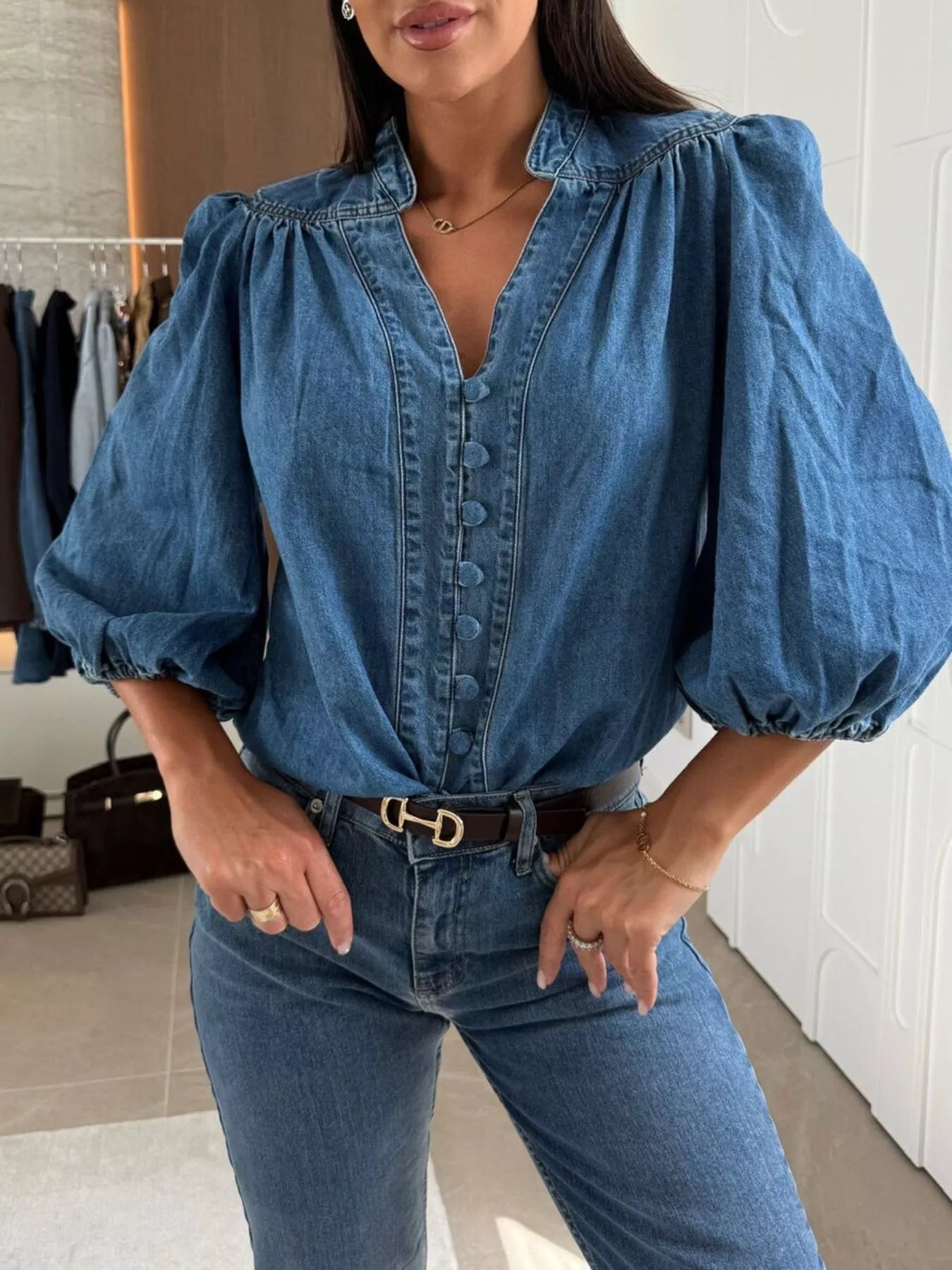 Button-Down Puff Sleeve Denim Top - Lara Moda