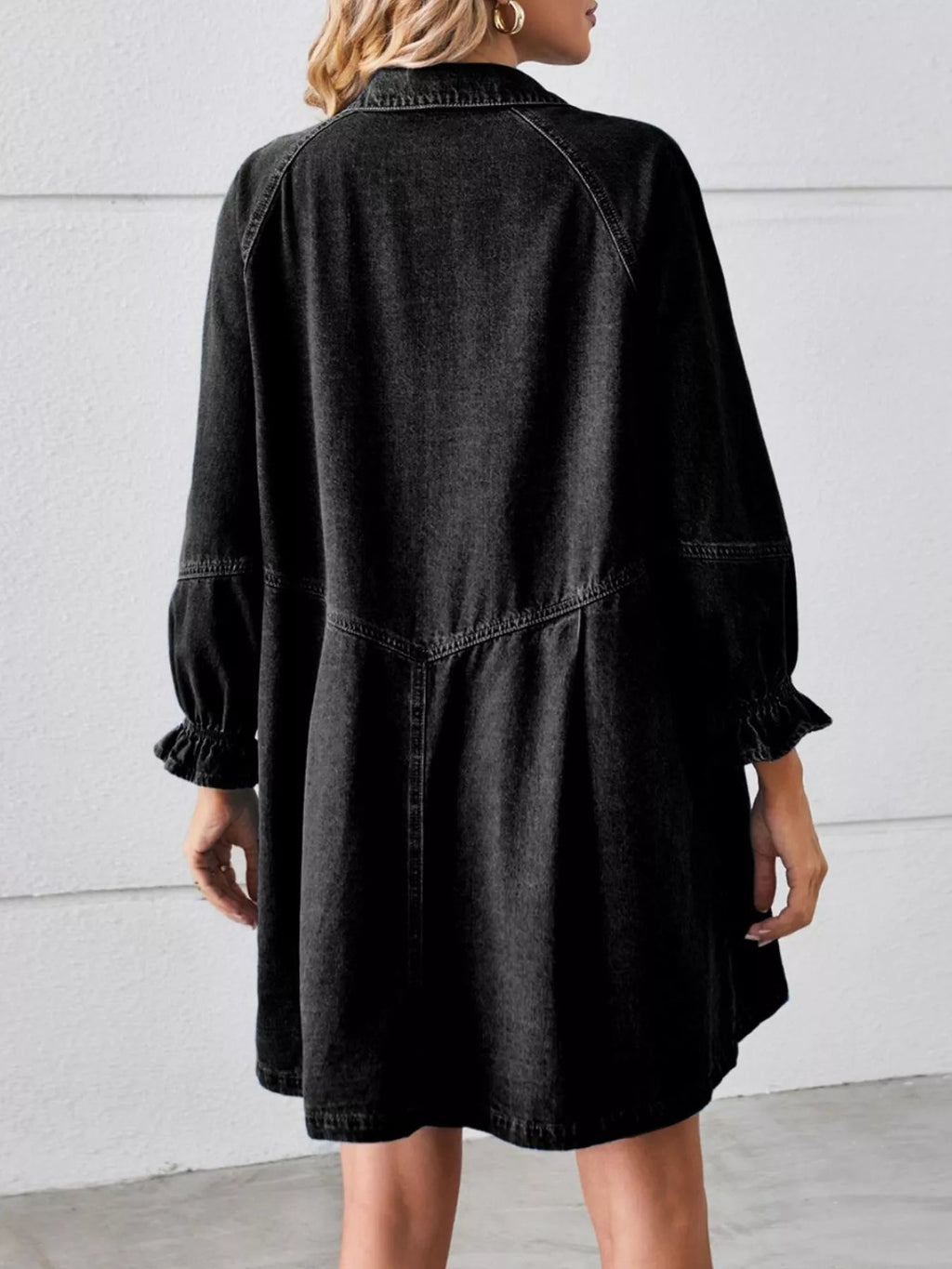 Button Down Ruffle Cuff Denim Dress - Lara-moda store