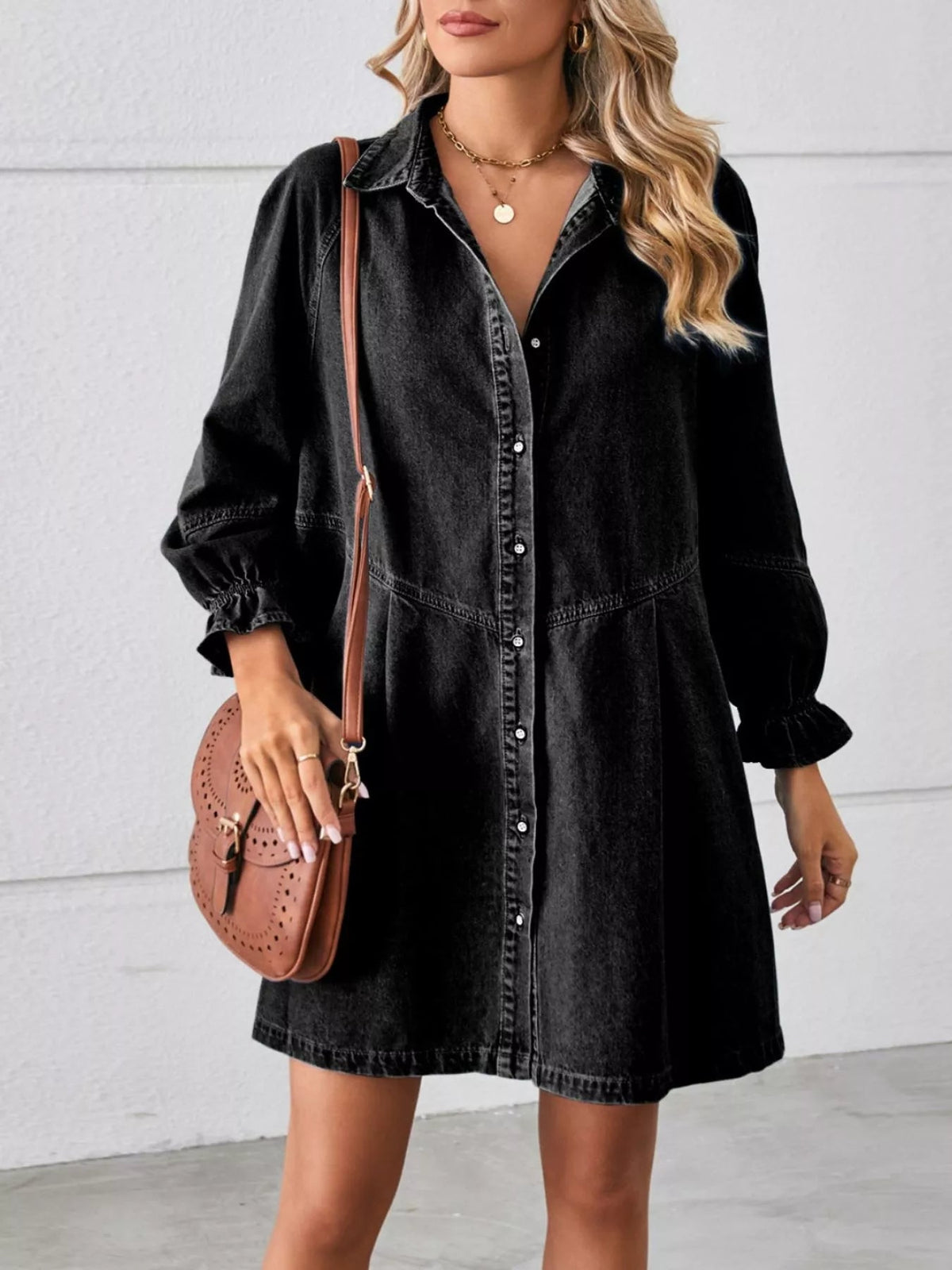 Button Down Ruffle Cuff Denim Dress - Lara-moda store