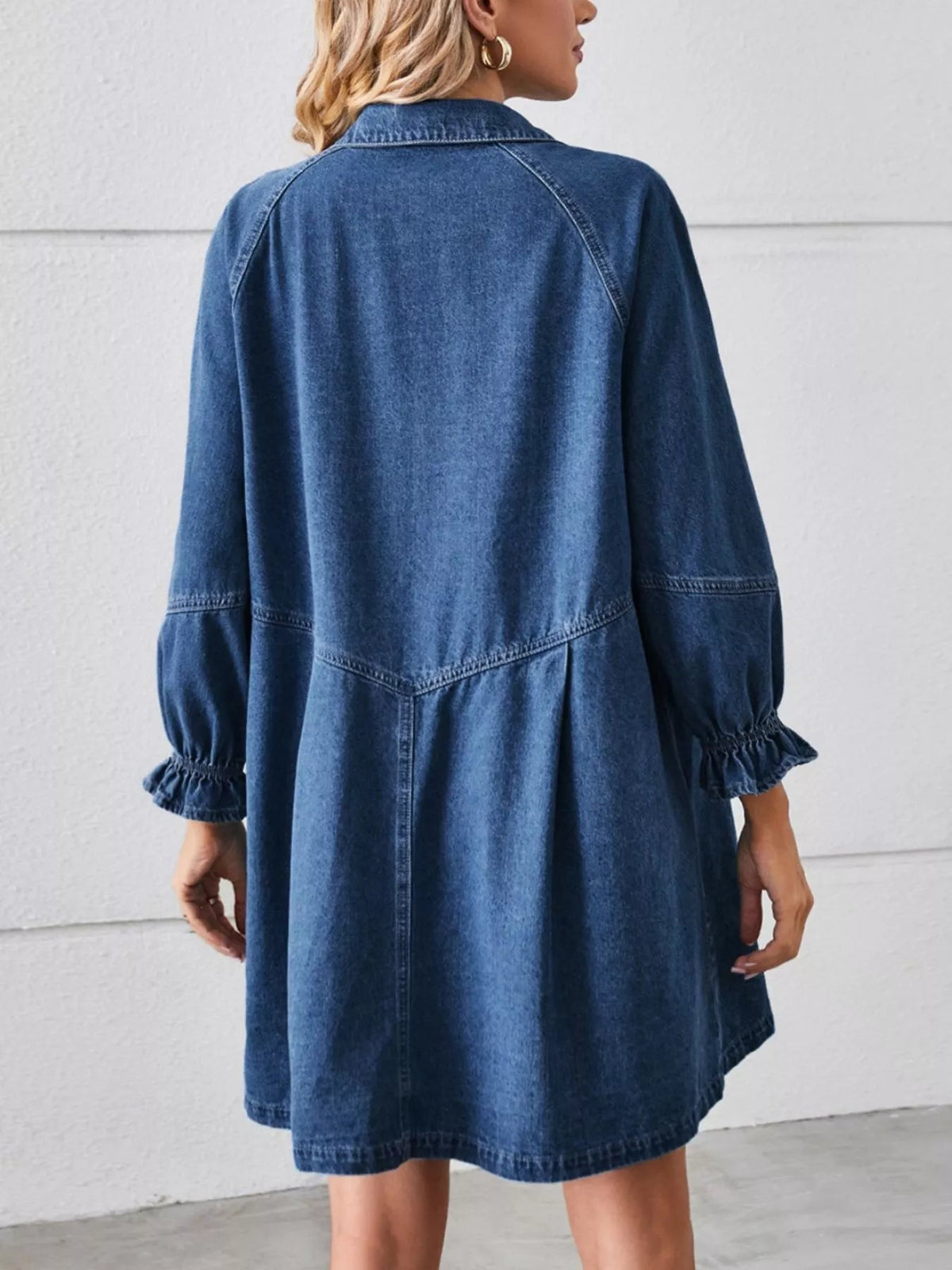 Button Down Ruffle Cuff Denim Dress - Lara-moda store