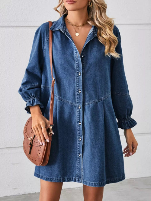 Button Down Ruffle Cuff Denim Dress - Lara-moda store