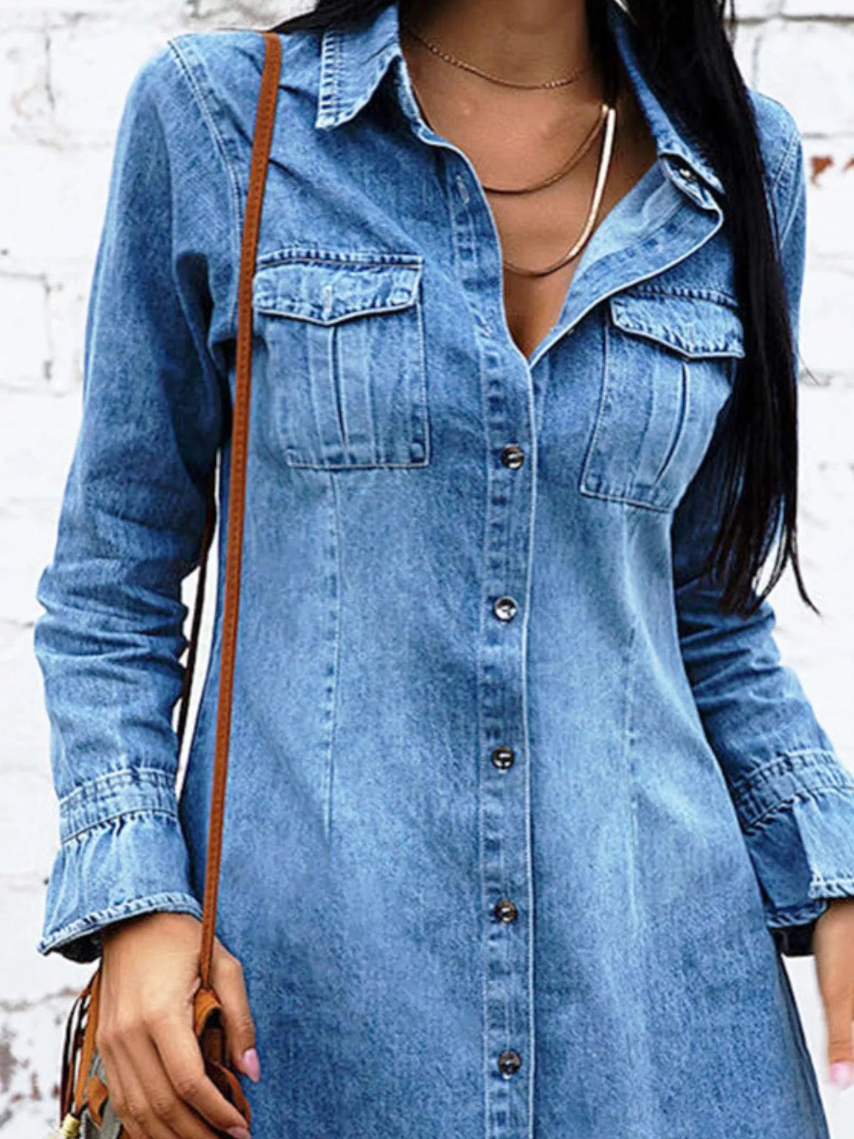 Button Front Long Sleeve Denim Dress - Lara-moda store
