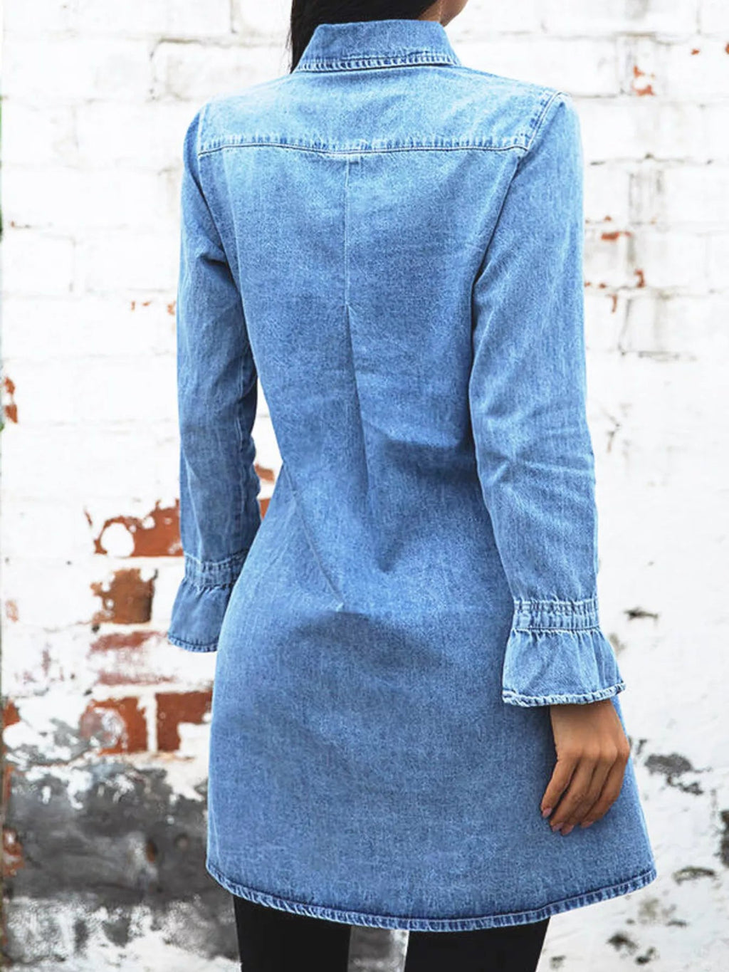 Button Front Long Sleeve Denim Dress - Lara-moda store