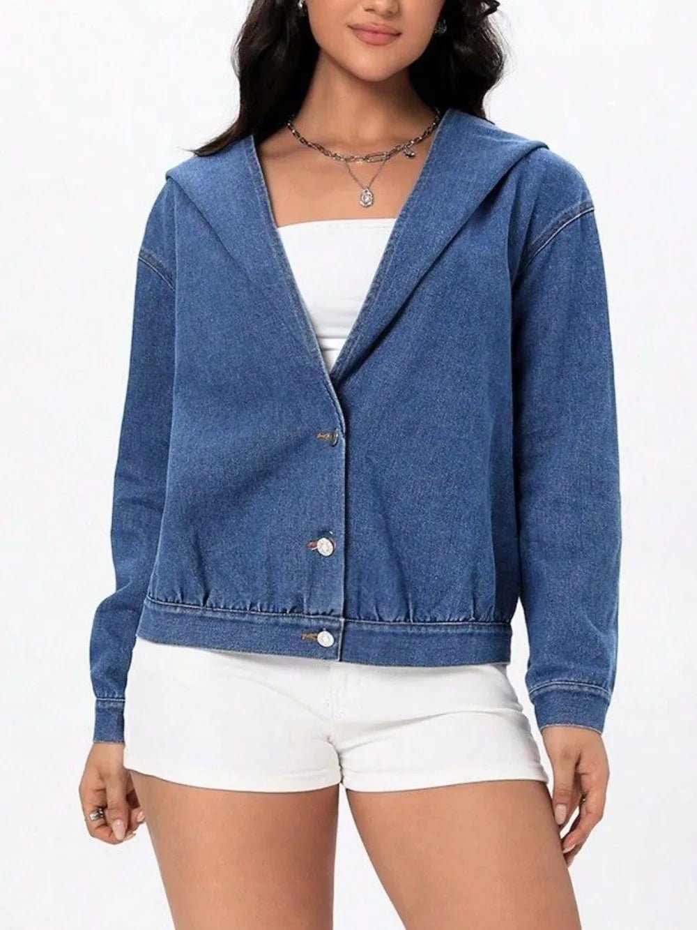 Button Up Hooded Denim Top - Lara-moda store