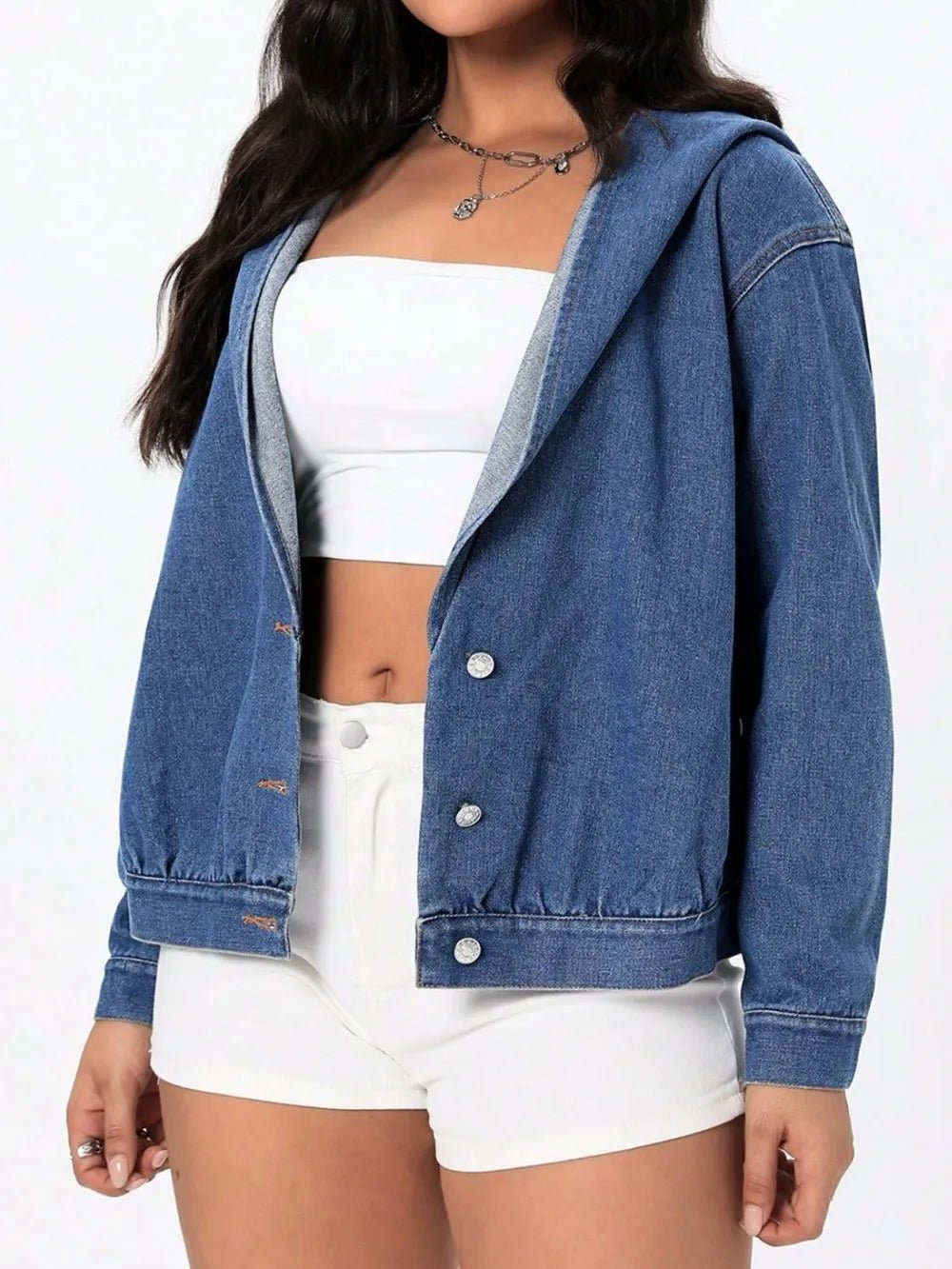 Button Up Hooded Denim Top - Lara-moda store