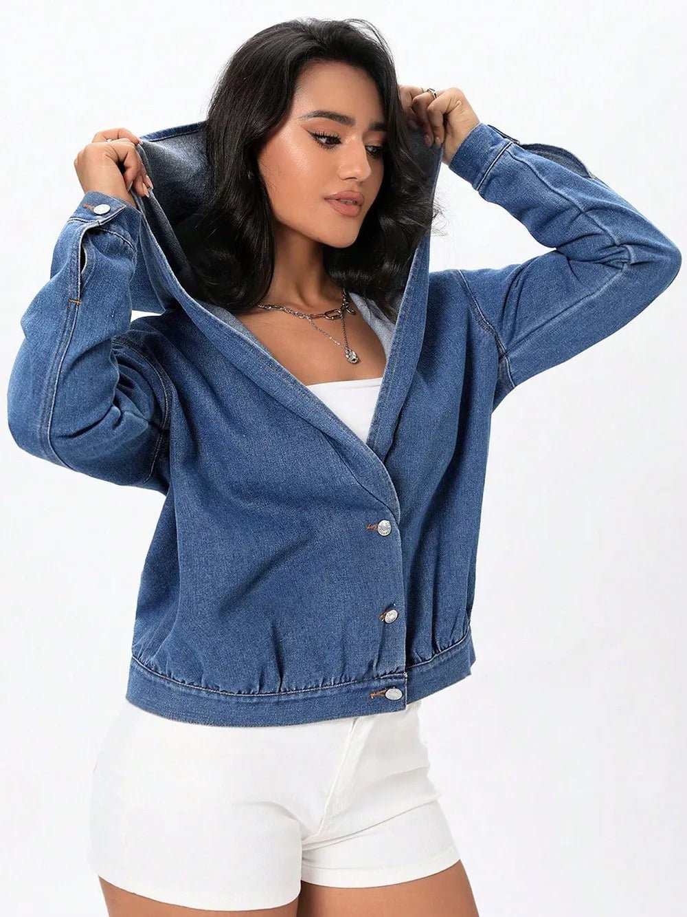 Button Up Hooded Denim Top - Lara-moda store
