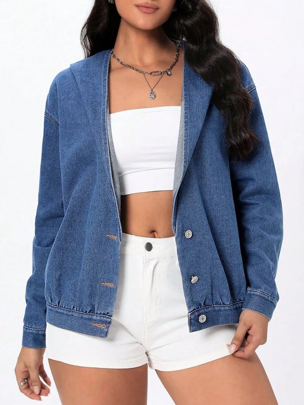 Button Up Hooded Denim Top - Lara-moda store