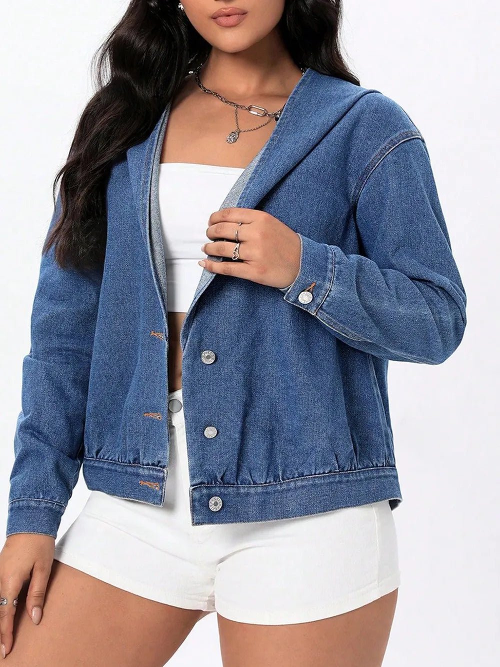 Button Up Hooded Denim Top - Lara-moda store