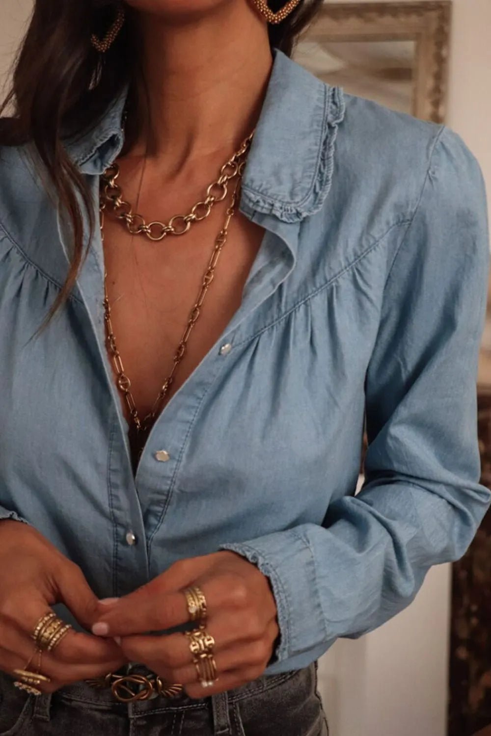 Button Up Long Sleeve Denim Top - Lara-moda store