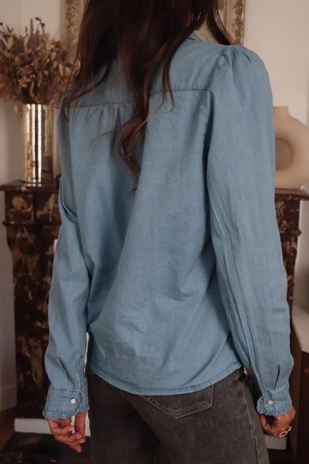 Button Up Long Sleeve Denim Top - Lara-moda store