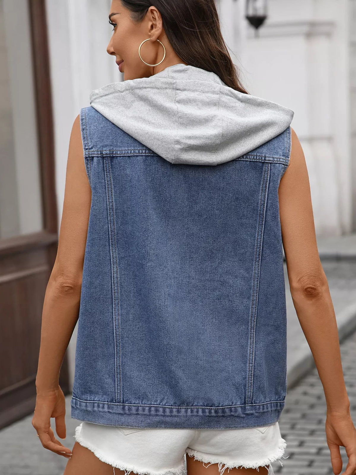 Button Up Removable Hooded Sleeveless Denim Jacket - Lara-moda store