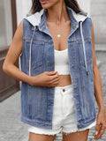 Button Up Removable Hooded Sleeveless Denim Jacket - Lara-moda store
