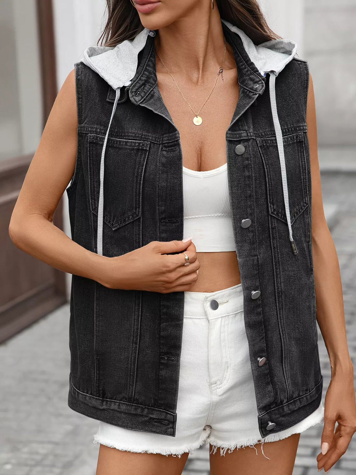 Button Up Removable Hooded Sleeveless Denim Jacket - Lara-moda store