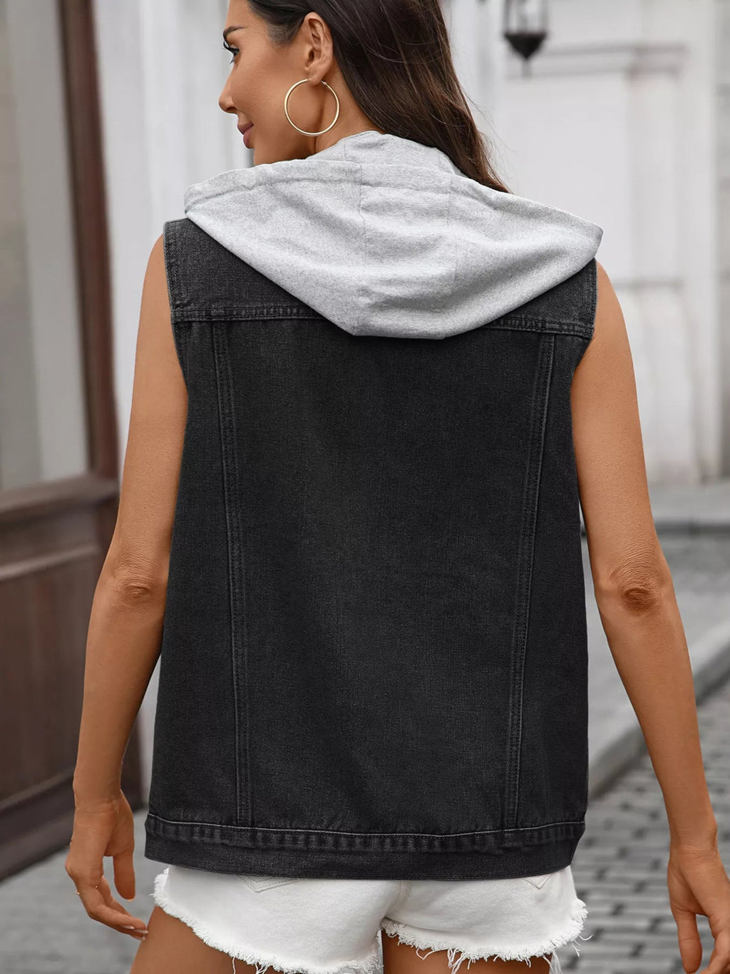 Button Up Removable Hooded Sleeveless Denim Jacket - Lara-moda store