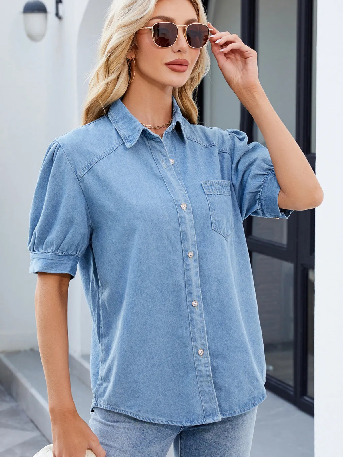 Button Up Short Sleeve Denim Shirt - Lara-moda store