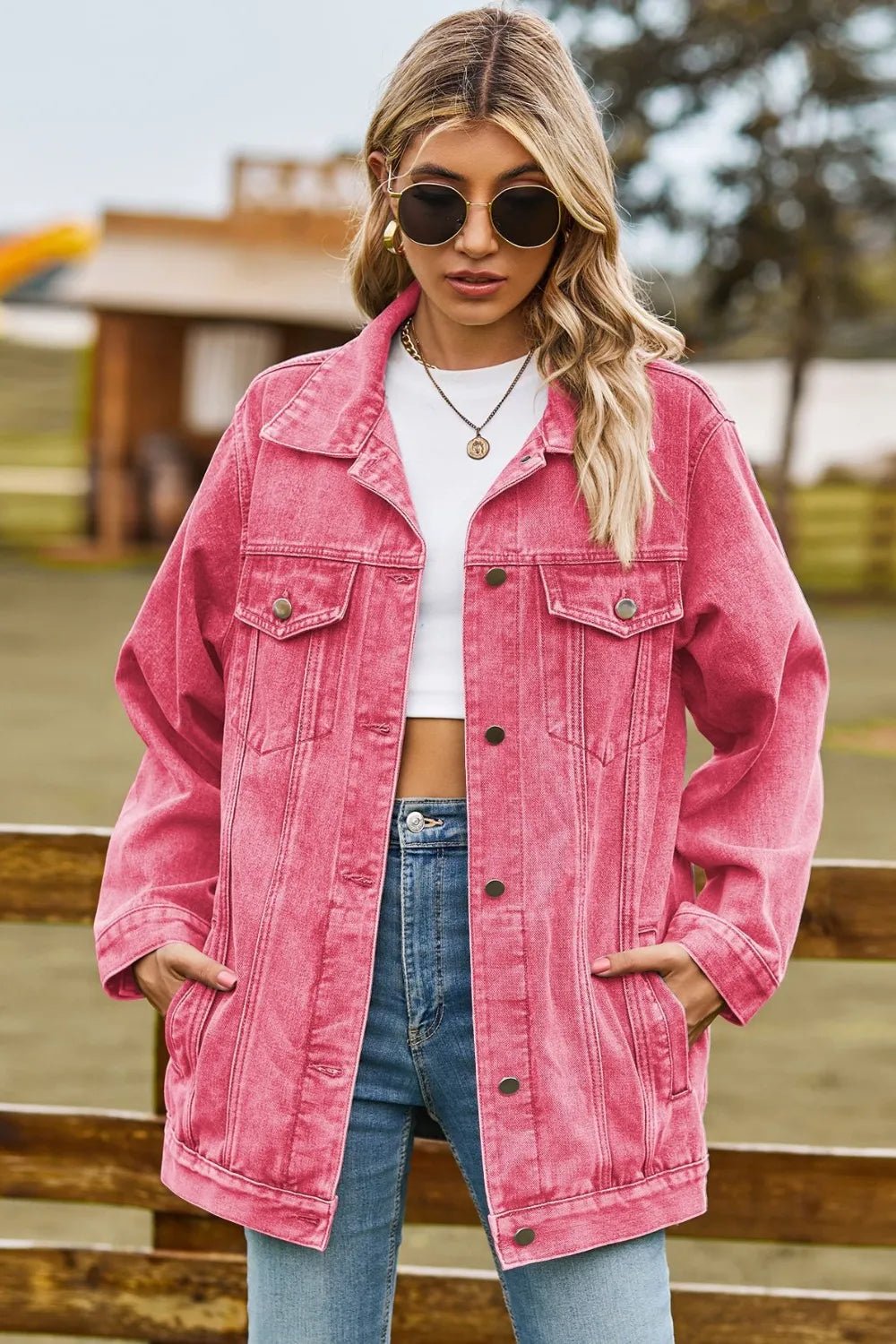 Buttoned Collared Neck Denim Jacket with Pockets - Lara-moda store