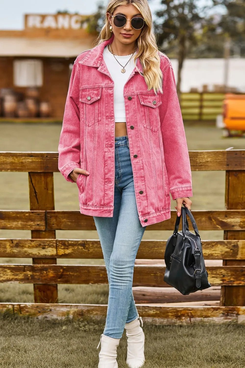 Buttoned Collared Neck Denim Jacket with Pockets - Lara-moda store