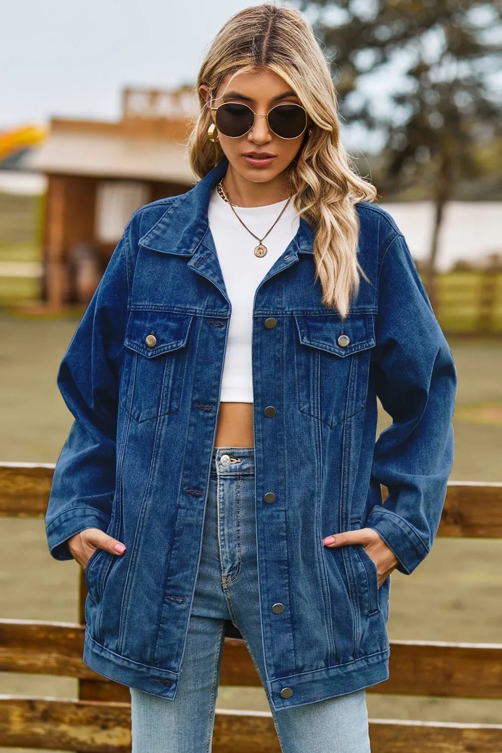 Buttoned Collared Neck Denim Jacket with Pockets - Lara-moda store