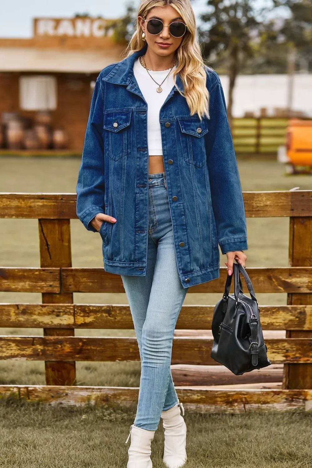 Buttoned Collared Neck Denim Jacket with Pockets - Lara-moda store