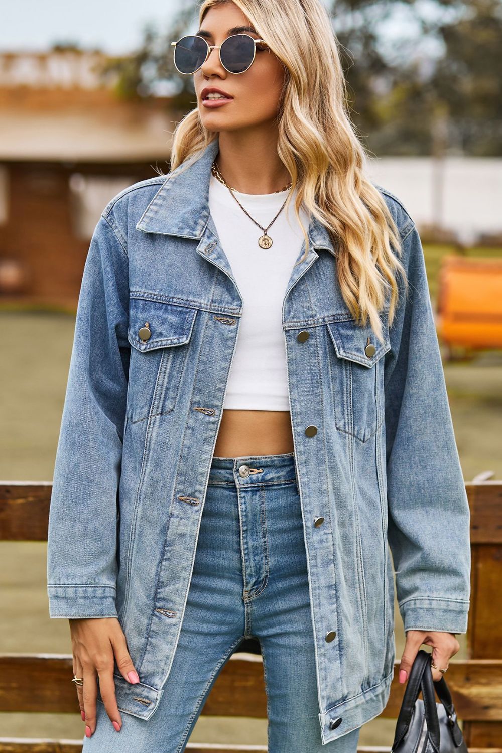 Buttoned Collared Neck Denim Jacket with Pockets - Lara-moda store