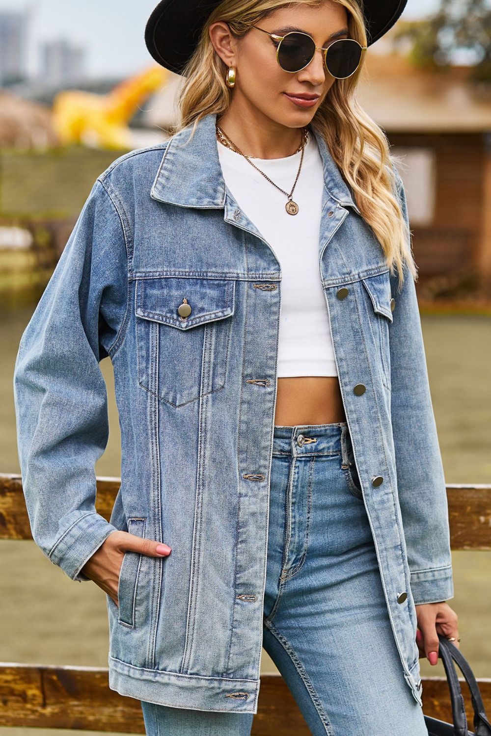 Buttoned Collared Neck Denim Jacket with Pockets - Lara-moda store