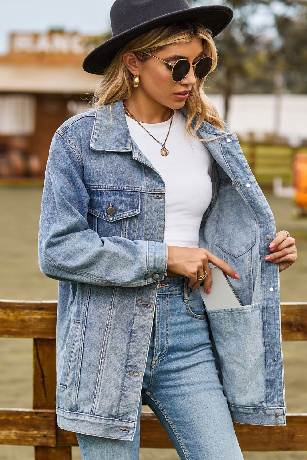 Buttoned Collared Neck Denim Jacket with Pockets - Lara-moda store