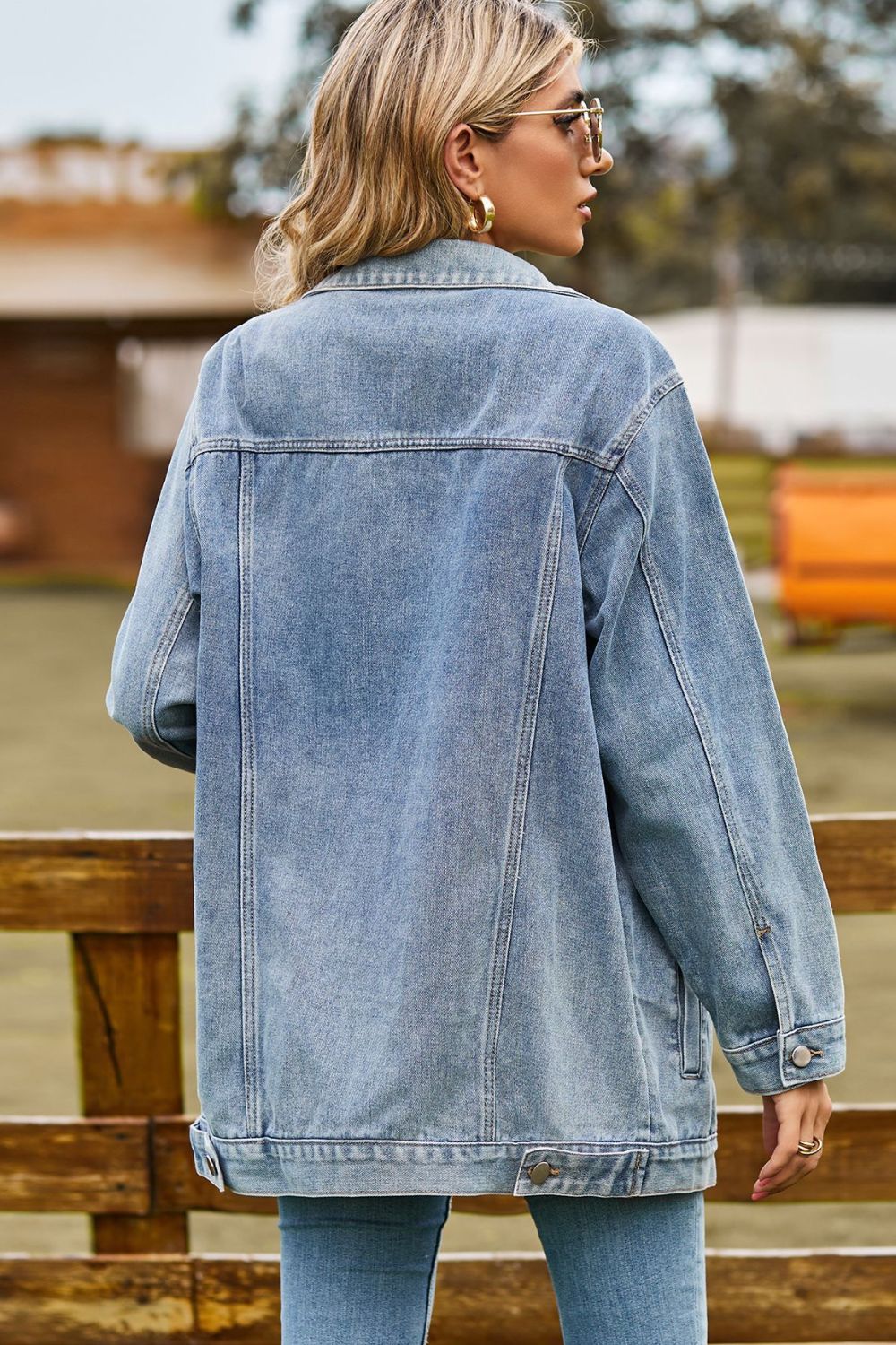 Buttoned Collared Neck Denim Jacket with Pockets - Lara-moda store