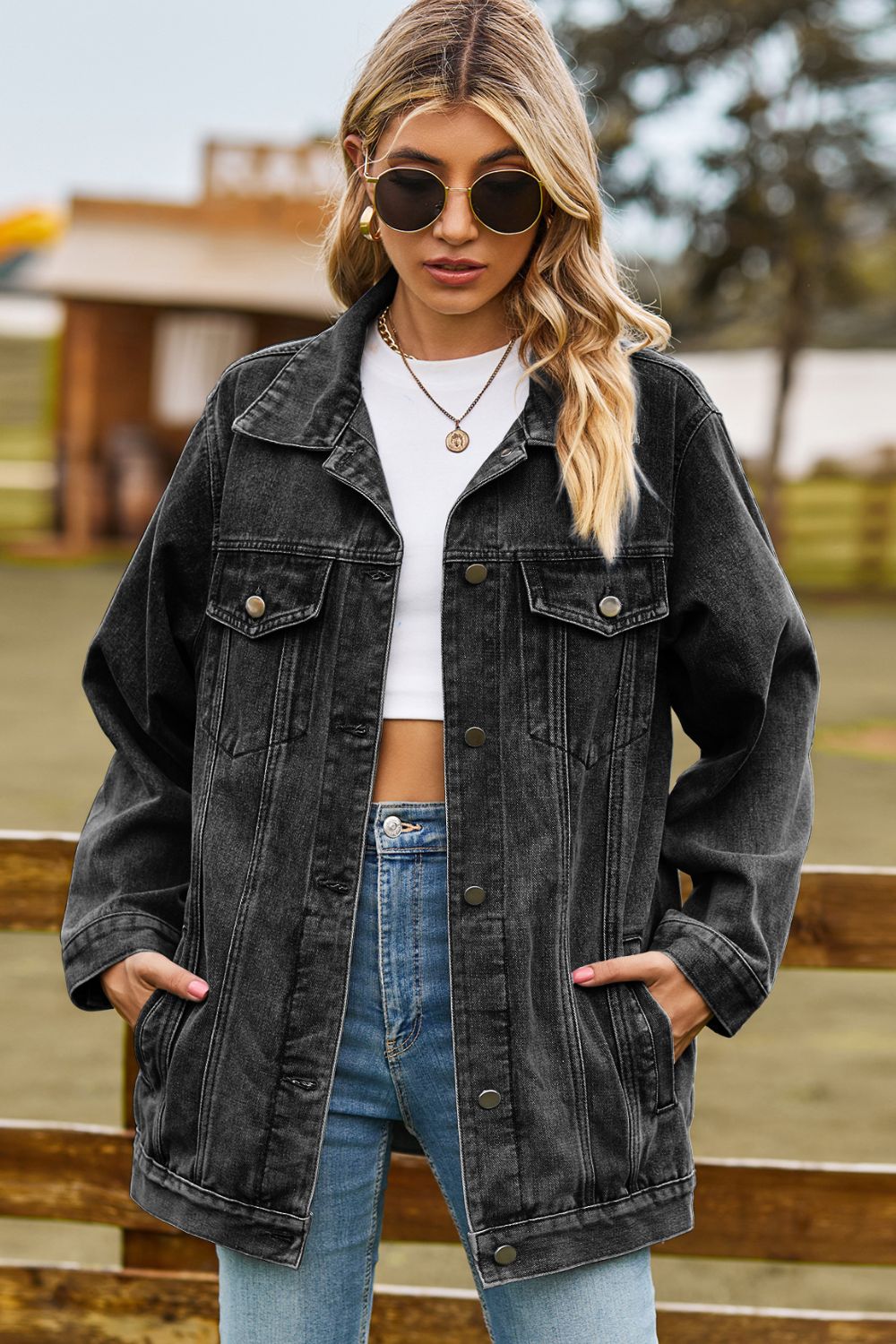 Buttoned Collared Neck Denim Jacket with Pockets - Lara-moda store