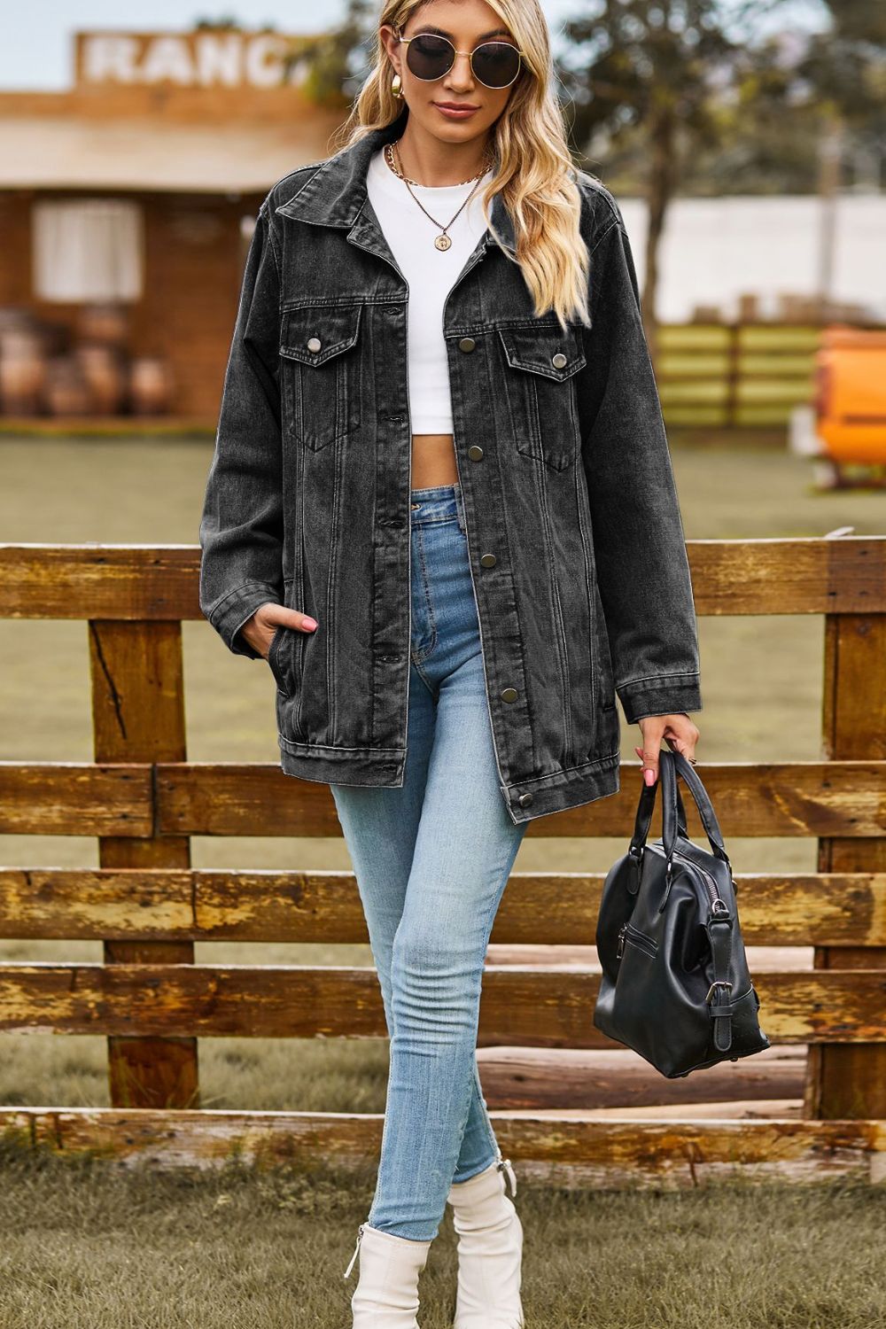 Buttoned Collared Neck Denim Jacket with Pockets - Lara-moda store