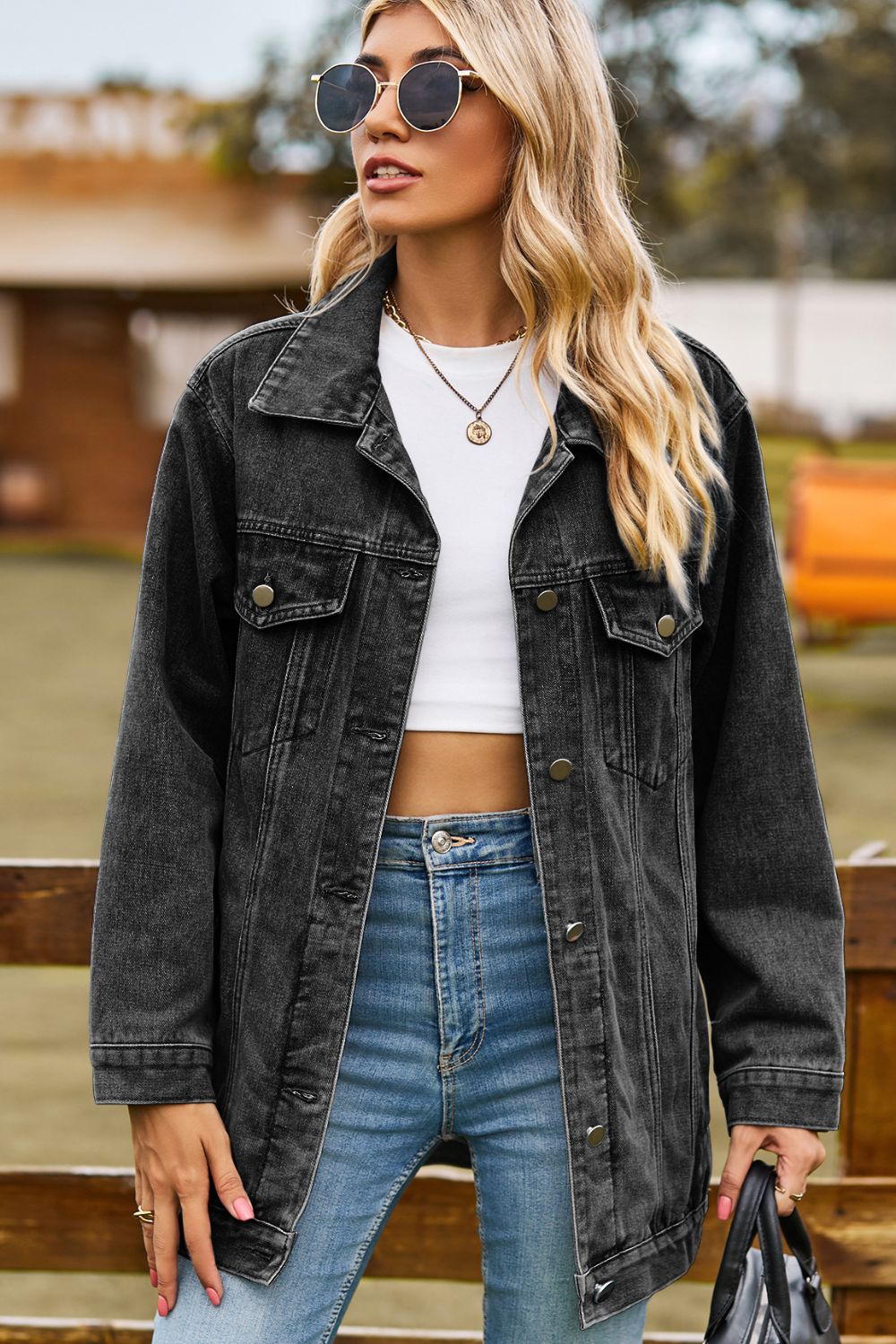 Buttoned Collared Neck Denim Jacket with Pockets - Lara-moda store