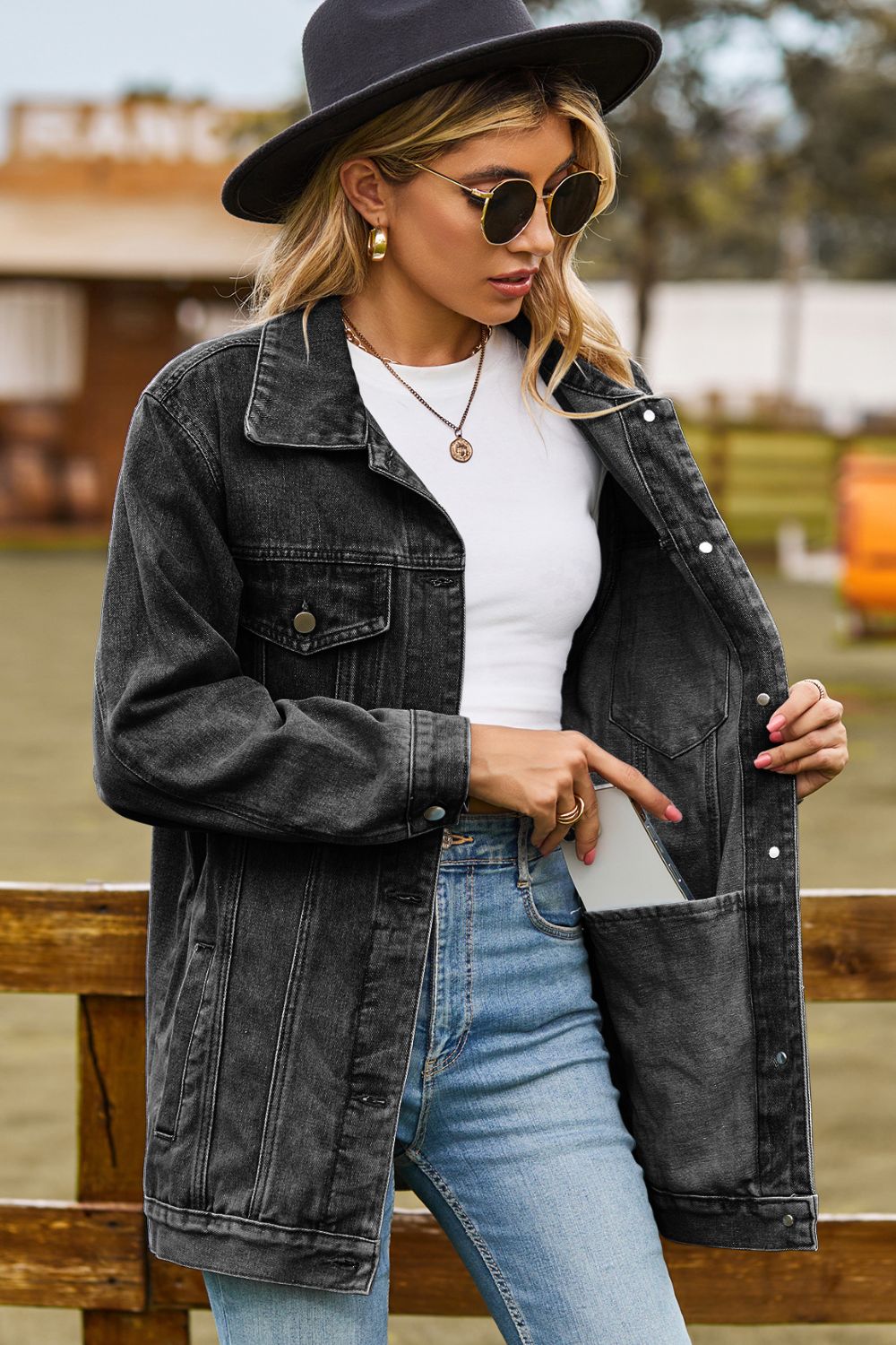 Buttoned Collared Neck Denim Jacket with Pockets - Lara-moda store