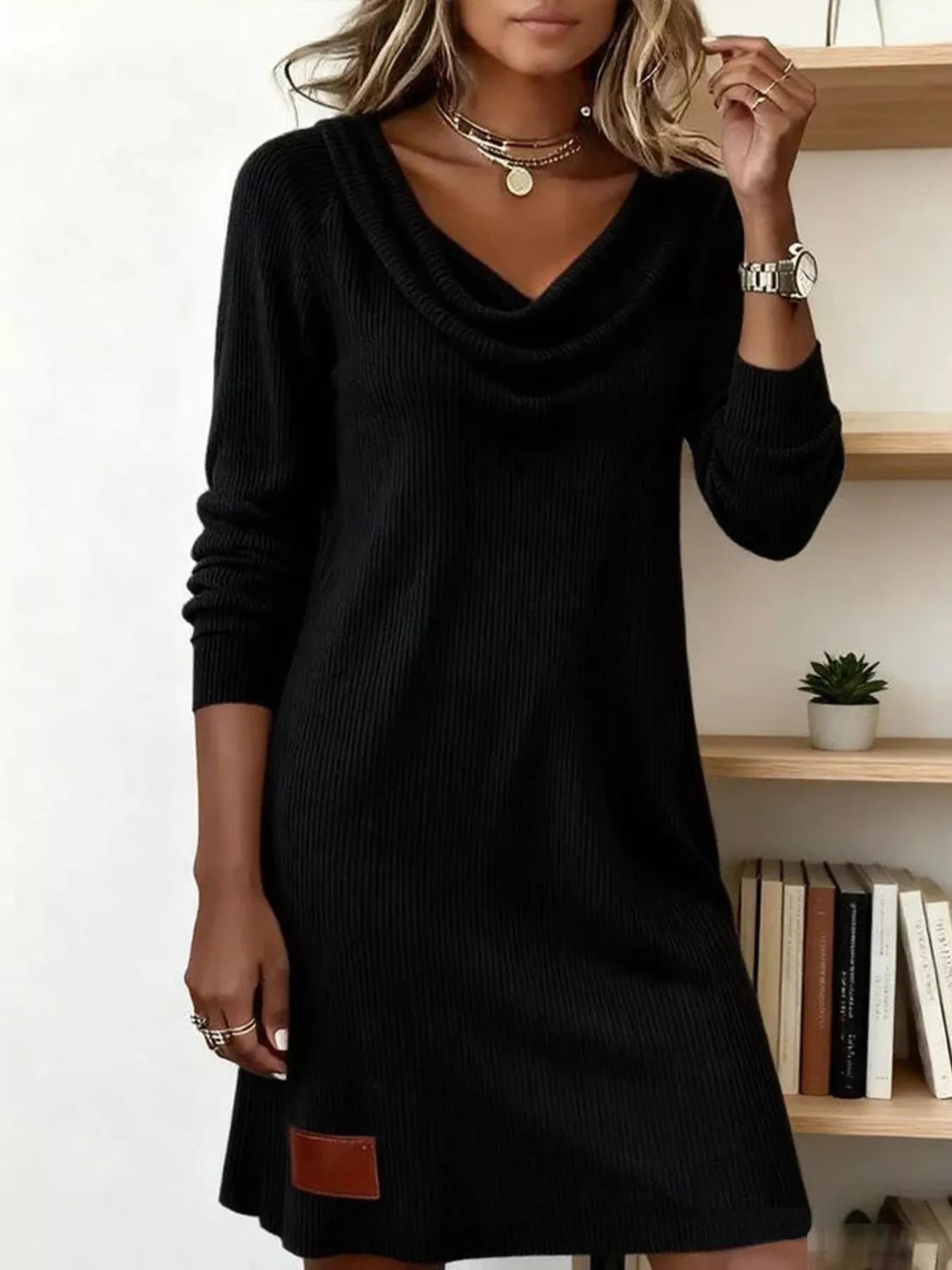 Casual Cowl Neck Ribbed Knit Mini Dress - Lara Moda